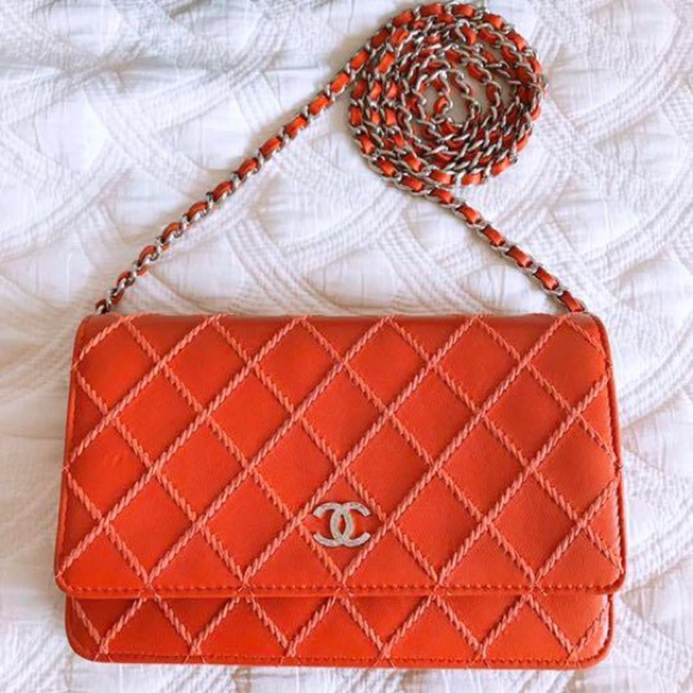 SOLD***CHANEL stitch chain wallet Coral Red